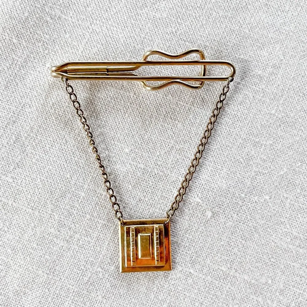 Vintage Hadley Tie Bar Clip Chain Gold Tone Mens Formal Wedding Groom Classic
